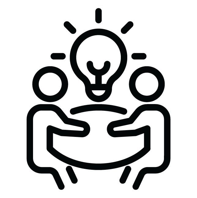 Icon of two people sitting at a table with a light blub above them.