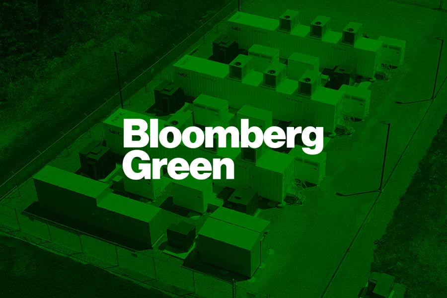 Bloomberg Green logo with a green over-lay overview of a storage site.