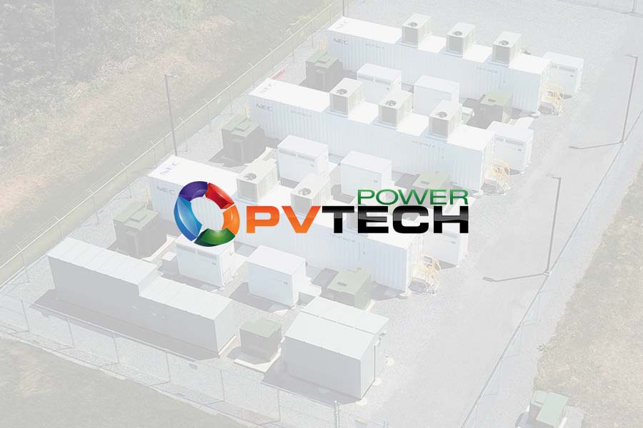 Power PV tech logo with overview of storage plant behind it.