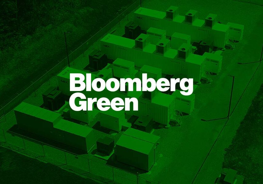 Bloomberg Green logo with a green over-lay overview of a storage site.