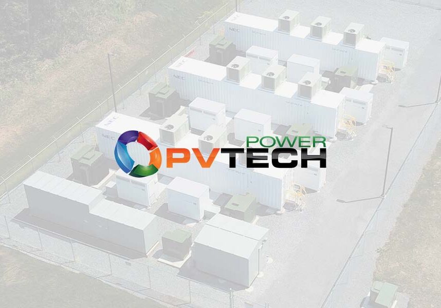 Power PV tech logo with overview of storage plant behind it.
