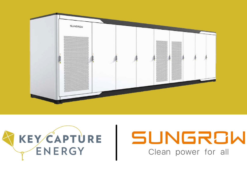 Storage unit image. Underneath is the Key Capture Energy logo on the left divided by a solid vertical black line with the Sungrow logo on the right.